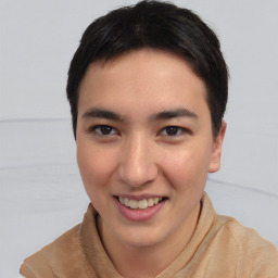 Joyful asian young-adult female with short  brown hair and brown eyes