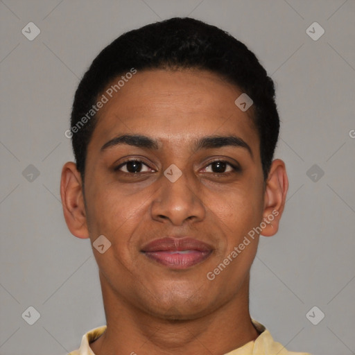 Joyful latino young-adult female with short  black hair and brown eyes