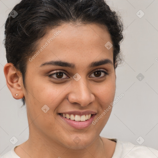 Joyful white young-adult female with short  brown hair and brown eyes