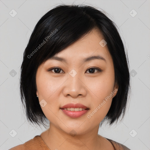 Joyful asian young-adult female with medium  black hair and brown eyes