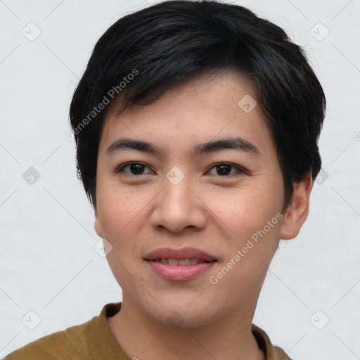 Joyful asian young-adult male with short  black hair and brown eyes