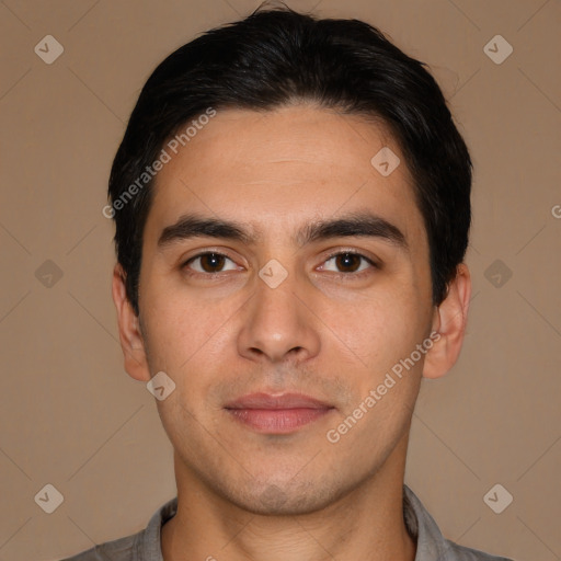 Neutral white young-adult male with short  black hair and brown eyes