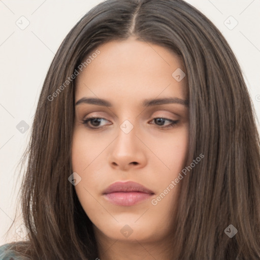 Neutral white young-adult female with long  brown hair and brown eyes