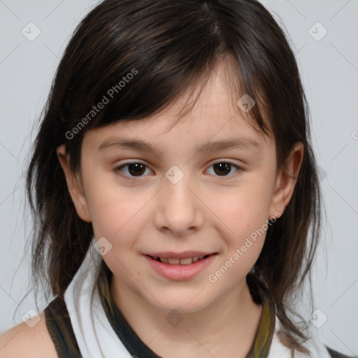 Joyful white child female with medium  brown hair and brown eyes