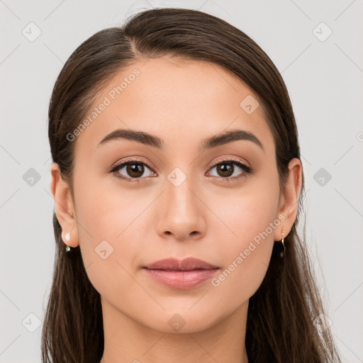 Neutral white young-adult female with long  brown hair and brown eyes