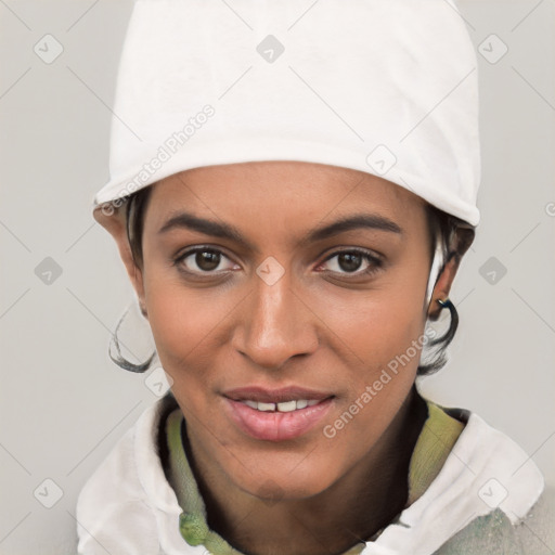 Joyful white young-adult female with short  black hair and brown eyes