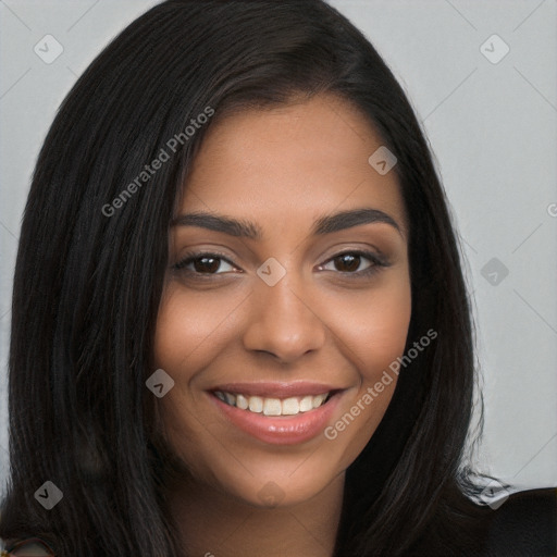 Joyful latino young-adult female with long  brown hair and brown eyes