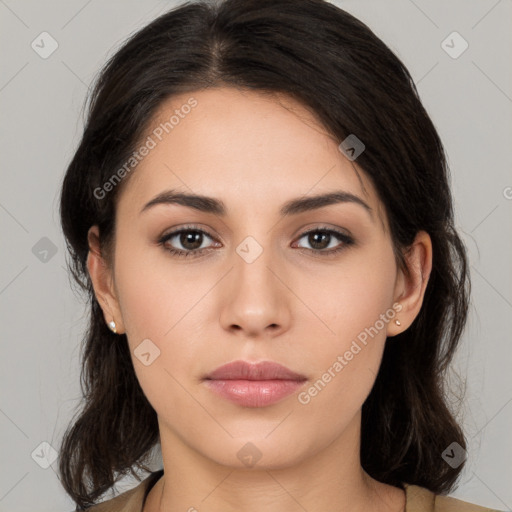 Neutral white young-adult female with medium  brown hair and brown eyes