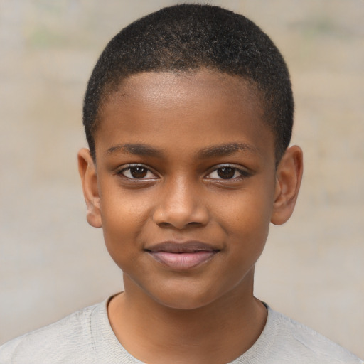 Joyful black child male with short  brown hair and brown eyes