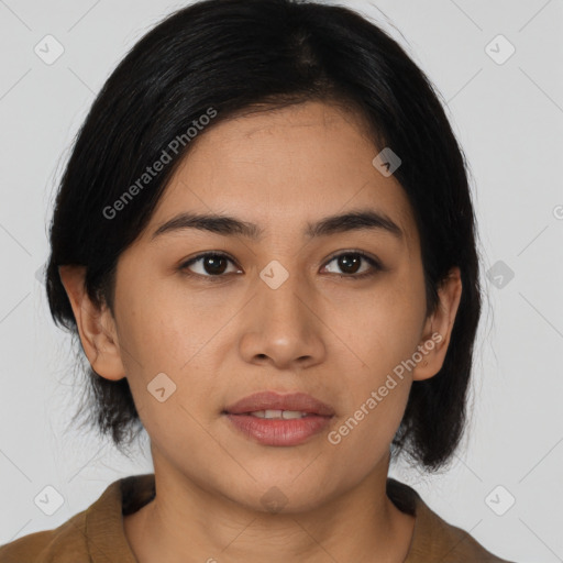 Neutral asian young-adult female with medium  black hair and brown eyes