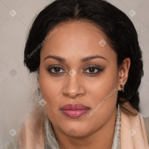 Joyful latino young-adult female with long  brown hair and brown eyes