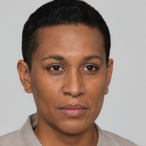 Neutral black young-adult female with short  brown hair and brown eyes