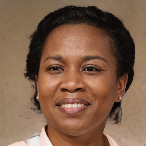 Joyful black adult female with medium  black hair and brown eyes