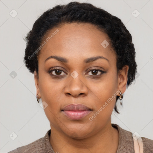 Joyful black young-adult female with short  black hair and brown eyes