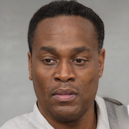 Neutral black adult male with short  black hair and brown eyes