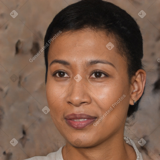 Joyful black young-adult female with short  brown hair and brown eyes