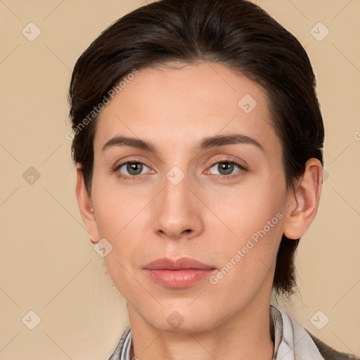 Neutral white young-adult female with medium  brown hair and brown eyes