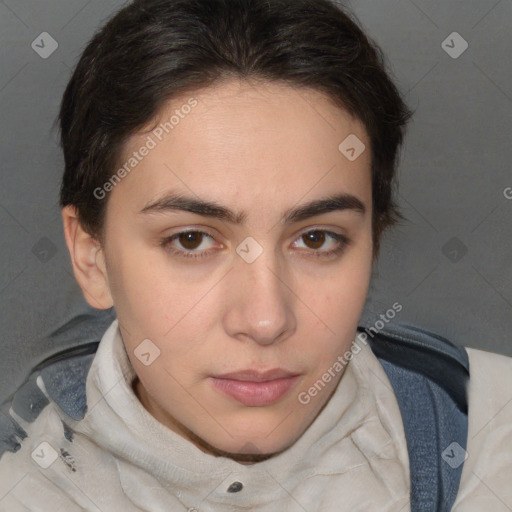 Neutral white young-adult female with medium  brown hair and brown eyes