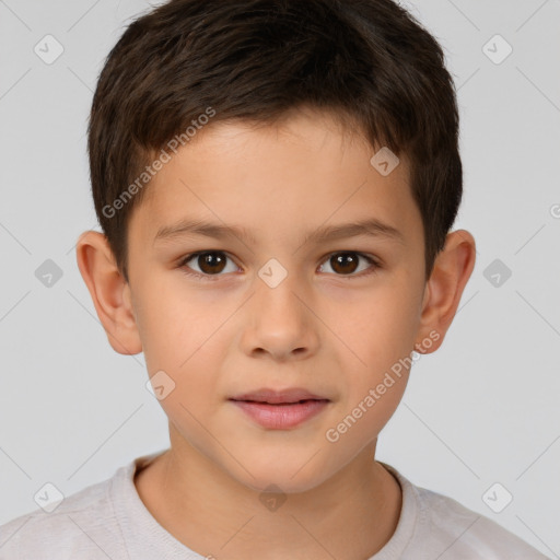 Joyful white child male with short  brown hair and brown eyes