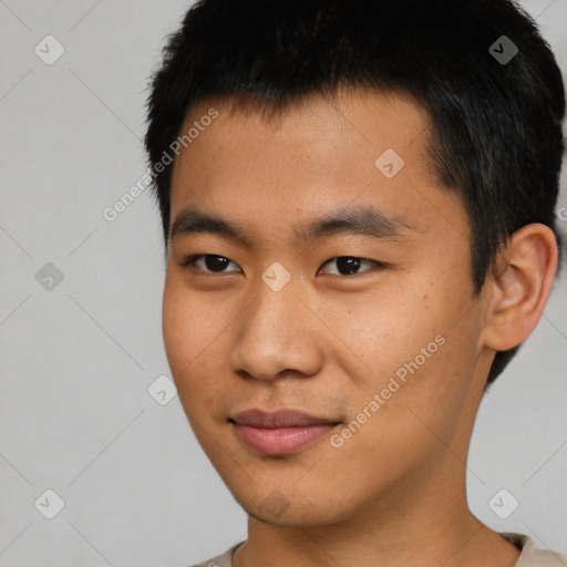 Neutral asian young-adult male with short  black hair and brown eyes