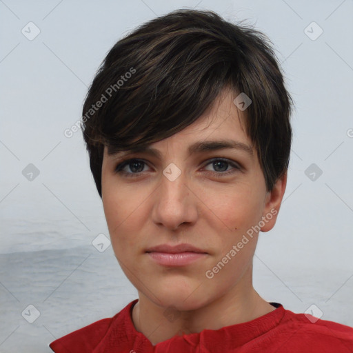 Neutral white young-adult female with short  brown hair and brown eyes