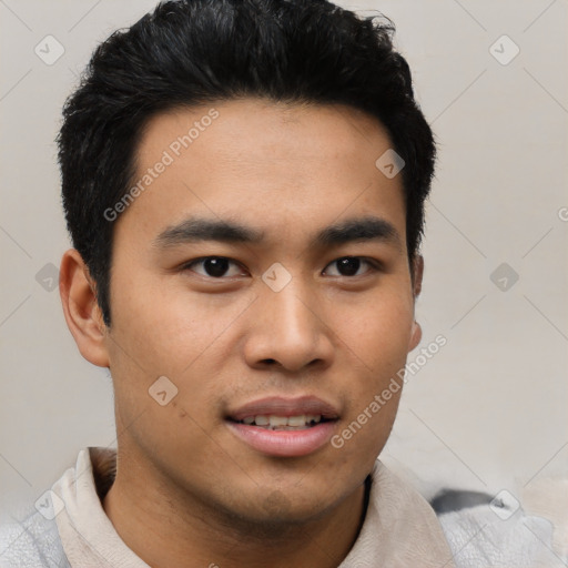 Joyful asian young-adult male with short  black hair and brown eyes