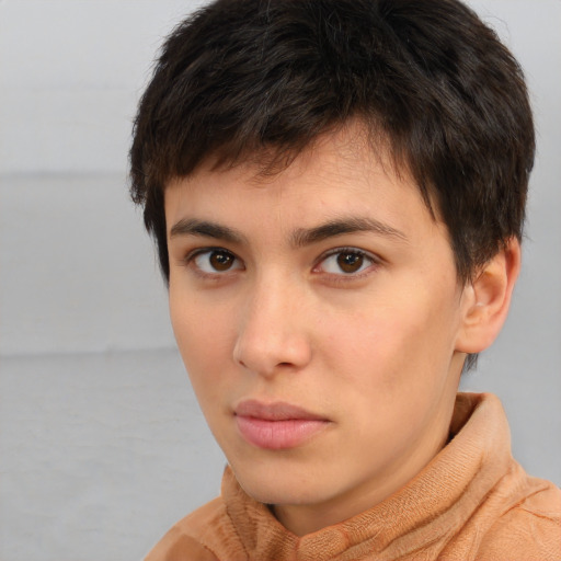 Neutral white young-adult male with short  brown hair and brown eyes