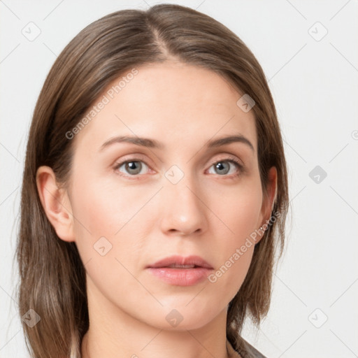 Neutral white young-adult female with medium  brown hair and grey eyes