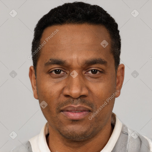 Neutral latino adult male with short  black hair and brown eyes