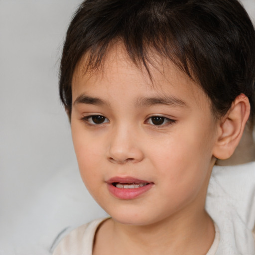 Joyful white child female with medium  brown hair and brown eyes