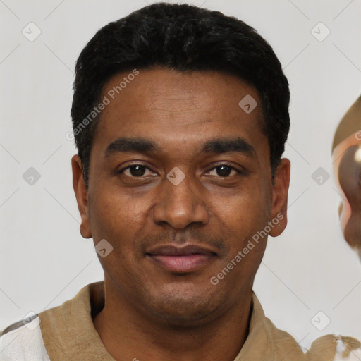 Neutral black young-adult male with short  black hair and brown eyes