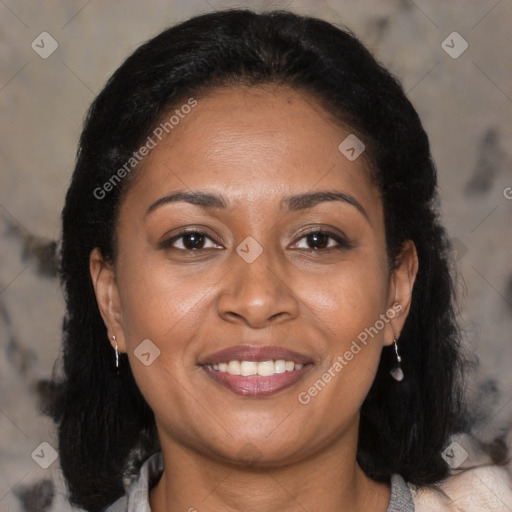 Joyful black young-adult female with medium  brown hair and brown eyes