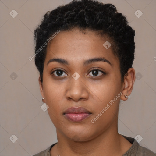 Neutral black young-adult female with short  black hair and brown eyes