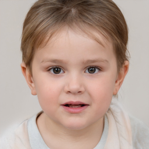 Joyful white child female with medium  brown hair and brown eyes