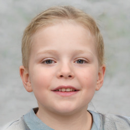 Joyful white child female with short  brown hair and blue eyes