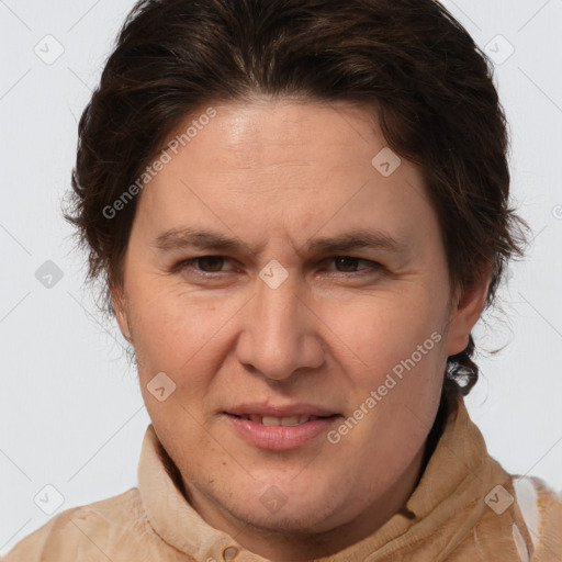 Joyful white adult female with short  brown hair and brown eyes