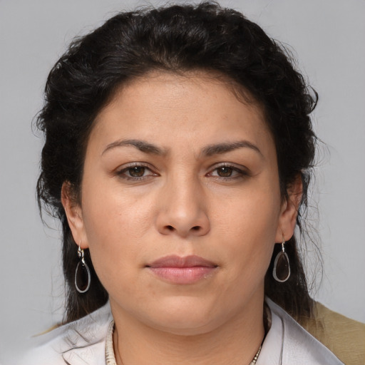 Neutral white young-adult female with medium  brown hair and brown eyes