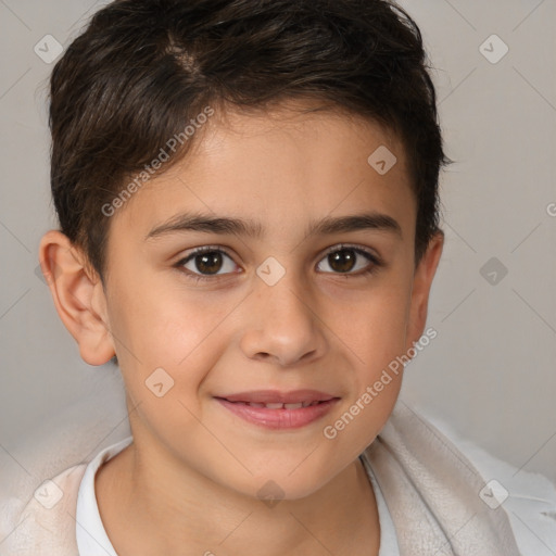 Joyful white child male with short  brown hair and brown eyes