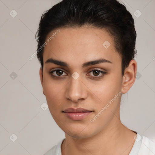 Neutral white young-adult female with short  brown hair and brown eyes