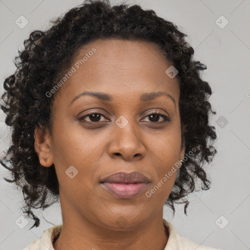 Joyful black adult female with medium  brown hair and brown eyes