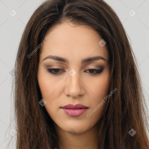 Neutral white young-adult female with long  brown hair and brown eyes