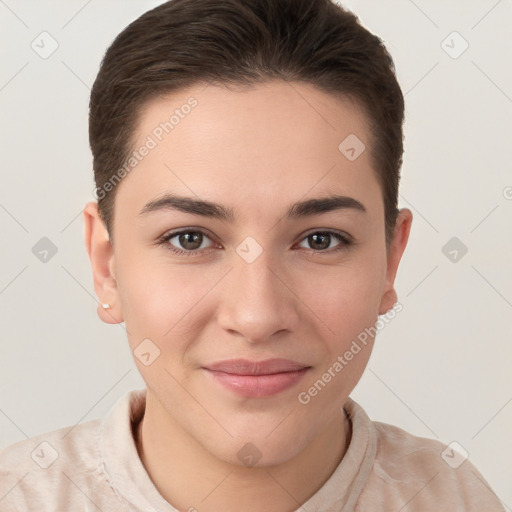 Joyful white young-adult female with short  brown hair and brown eyes