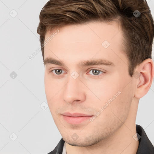 Neutral white young-adult male with short  brown hair and brown eyes