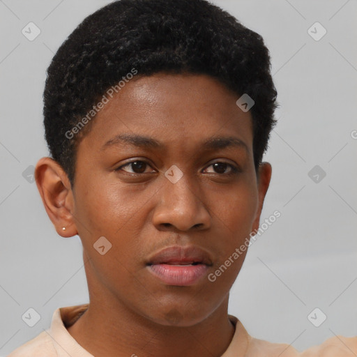 Neutral black young-adult female with short  brown hair and brown eyes
