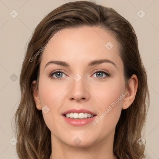 Joyful white young-adult female with medium  brown hair and green eyes