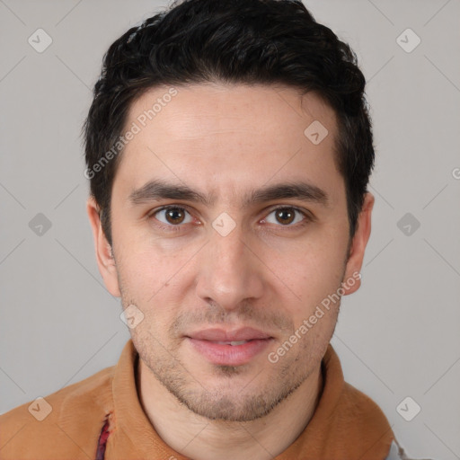 Neutral white young-adult male with short  brown hair and brown eyes