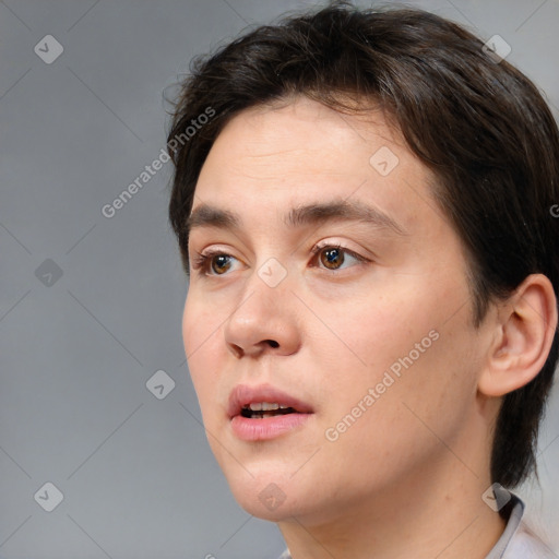 Neutral white young-adult female with medium  brown hair and brown eyes