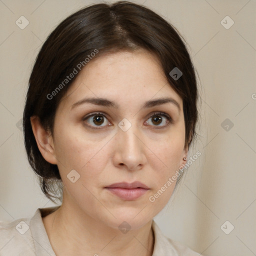 Neutral white young-adult female with medium  brown hair and brown eyes