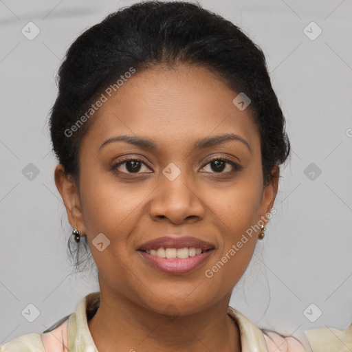 Joyful latino young-adult female with short  brown hair and brown eyes