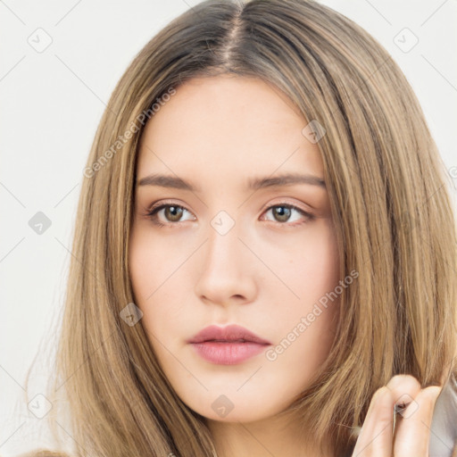 Neutral white young-adult female with long  brown hair and brown eyes